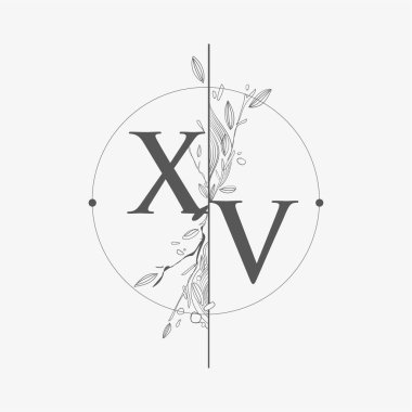 Harf XV El Çizimi Çiçekli İlk Logo, Çember ve Çiçekli Düğün Yazı Tipi Logosu.
