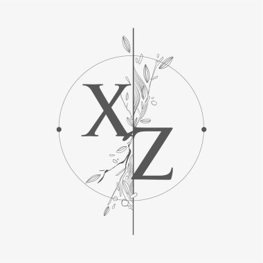 Harf XZ El Çizimi Çiçekli İlk Logo, Çember ve Çiçekli Düğün Yazı Tipi Logosu.