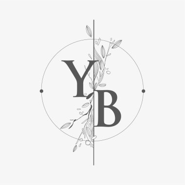 Harf YB El Çizimi Çiçekli İlk Logo, Çember ve Çiçekli Düğün Yazı Tipi Logosu.