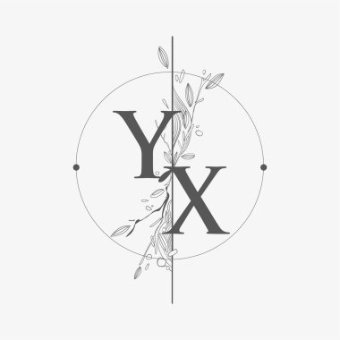 Harf YX El Çizimi Çiçekli İlk Logo, Çember ve Çiçekli Düğün Yazı Tipi Logosu.