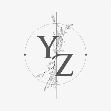 Harf YZ El Çizimi Çiçekli İlk Logo, Çember ve Çiçekli Düğün Yazı Tipi Logosu.