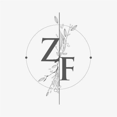 El Çizimi Çiçekli ZF Baş Logosu, Çember ve Çiçekli Düğün Yazı Tipi Logosu.