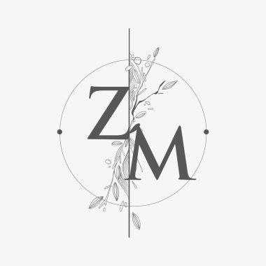 ZM Harfi El Çizimi Çiçekli İlk Logo, Çember ve Çiçekli Düğün Yazı Tipi Logosu.