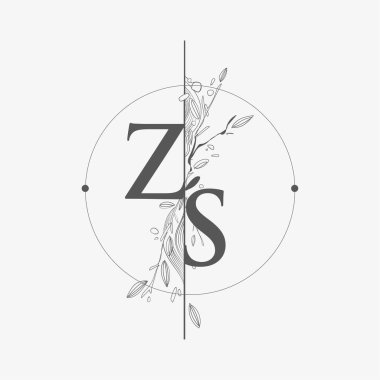 ZS harfinin baş logosu. Çiçek El Çizimi, Çember ve Çiçekli Düğün Yazı Tipi Logosu..