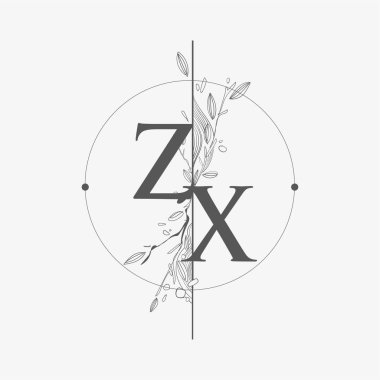 Harf ZX El Çizimi Çiçekli İlk Logo, Çember ve Çiçekli Düğün Yazı Tipi Logosu.