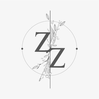 ZZ Harfi El Çizimi Çiçekli İlk Logo, Çember ve Çiçekli Düğün Yazı Tipi Logosu.