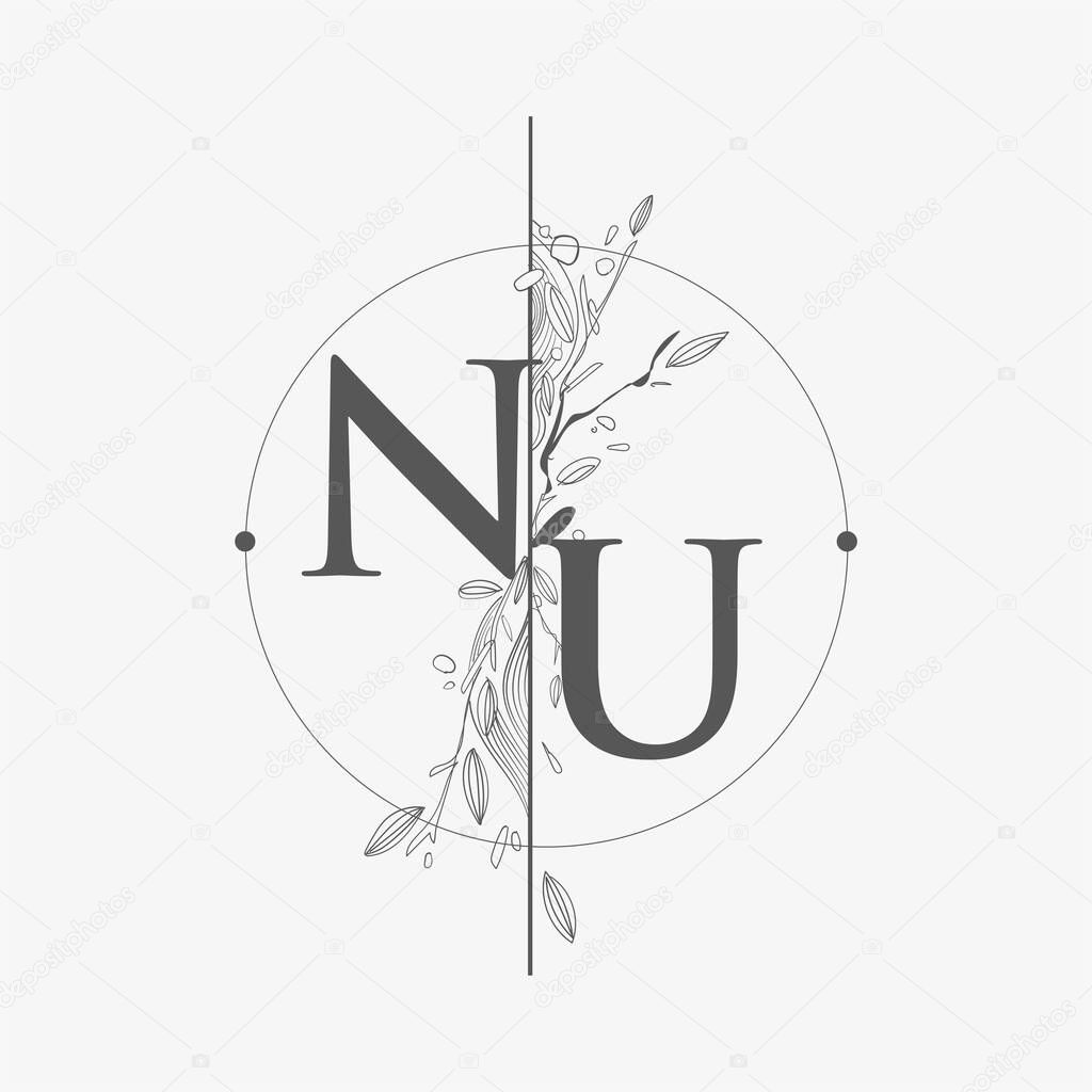Letter NU Initial Logo with Hand Draw Floral, Initial Wedding Font Logo with Circle and Flowers.
