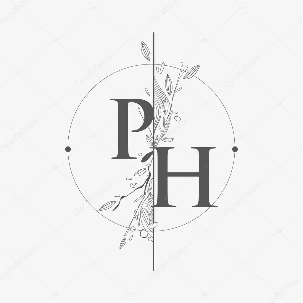 Letter PH Initial Logo with Hand Draw Floral, Initial Wedding Font Logo with Circle and Flowers.
