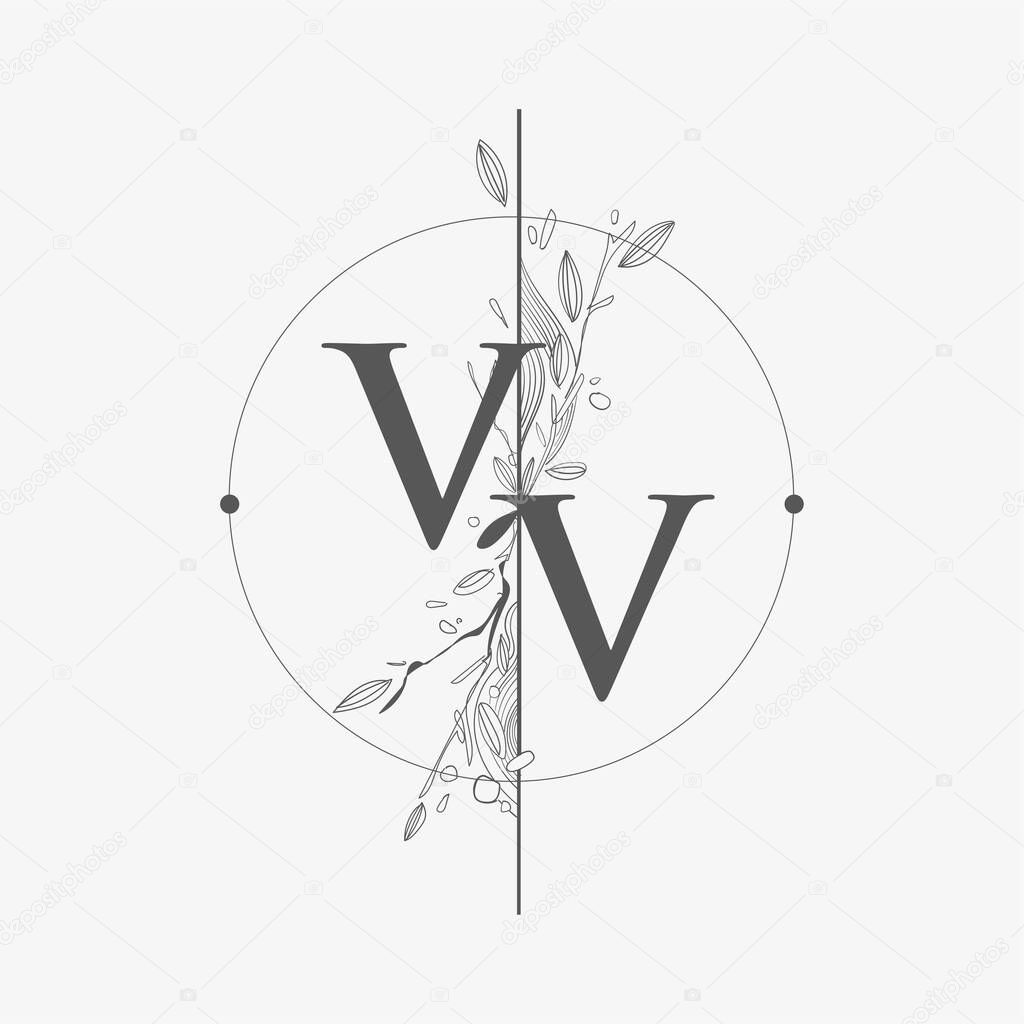 Letter VV Initial Logo with Hand Draw Floral, Initial Wedding Font Logo with Circle and Flowers.