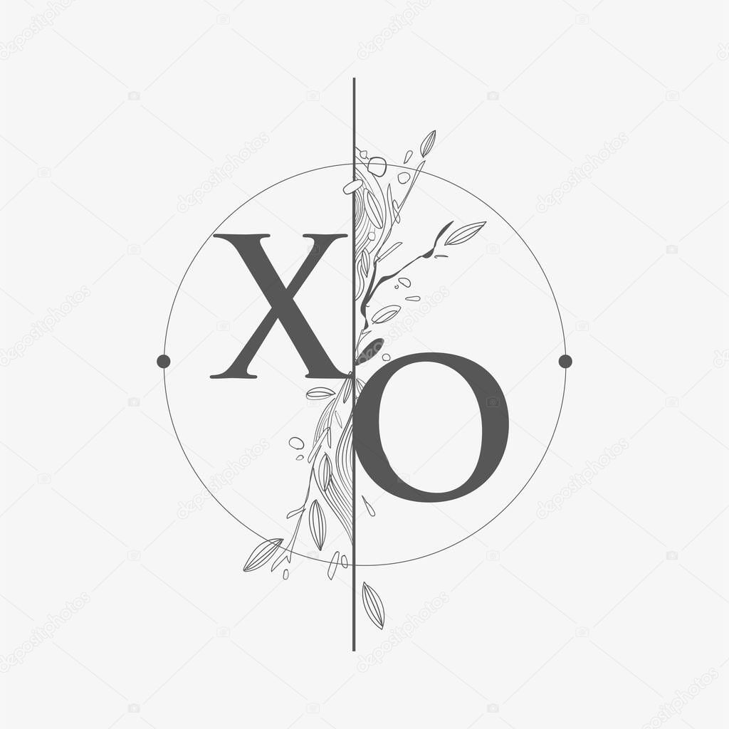 Letter XO Initial Logo with Hand Draw Floral, Initial Wedding Font Logo with Circle and Flowers.
