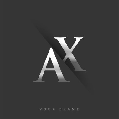 Şirketin adı, gümüş rengi ve siyah arkaplan tasarımının ilk logo harfi AX. İş ve şirket kimliği için vektör logosu.