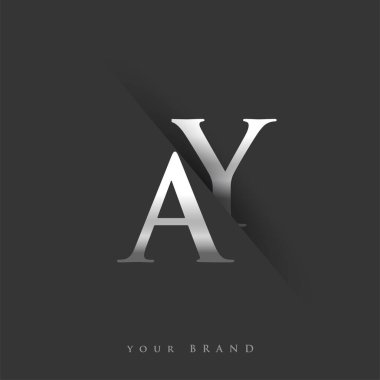 Şirketin adı, gümüş rengi ve siyah arkaplan tasarımının ilk logo harfleri AY. İş ve şirket kimliği için vektör logosu.