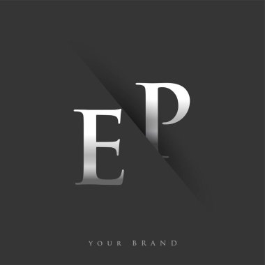 Şirketin adı, gümüş rengi ve siyah arkaplan tasarımının ilk logo EP 'si. İş ve şirket kimliği için vektör logosu.