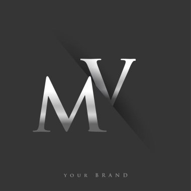Şirketin adı, gümüş rengi ve siyah arkaplan tasarımının ilk logo harfleri MV. İş ve şirket kimliği için vektör logosu.