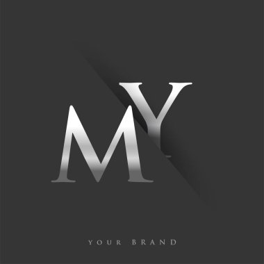 Şirketin adı, gümüş rengi ve siyah arkaplan tasarımının ilk logo harfleri MY. İş ve şirket kimliği için vektör logosu.