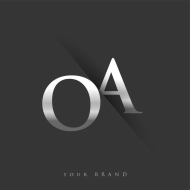 Şirketin adı, gümüş rengi ve siyah arkaplan tasarımının ilk harfi OA. İş ve şirket kimliği için vektör logosu.