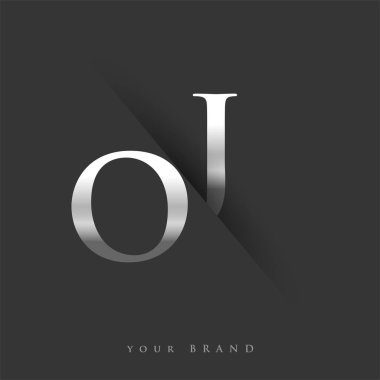 Şirketin adı, gümüş rengi ve siyah arka planda renk tasarımı için ilk logo harfleri OJ. İş ve şirket kimliği için vektör logosu.