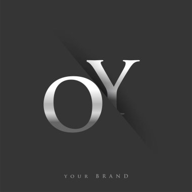 Şirketin adı, gümüş rengi ve siyah arka planda / renk tasarımı için ilk logo harfi OY. İş ve şirket kimliği için vektör logosu.