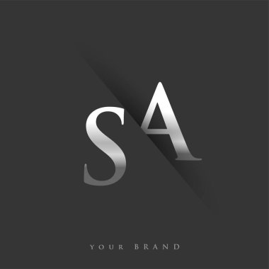Şirket adı, gümüş rengi ve siyah arkaplan tasarımının baş harfi SA. İş ve şirket kimliği için vektör logosu.