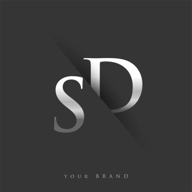 Şirketin adı için SD harfi, gümüş rengi ve siyah arka planda slash tasarımı. İş ve şirket kimliği için vektör logosu.