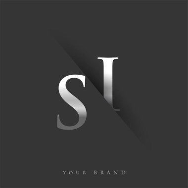 Şirket adı, gümüş rengi ve siyah arka planda slash tasarımı için SI harfi. İş ve şirket kimliği için vektör logosu.