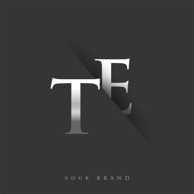 Şirket adı, gümüş rengi ve siyah arkaplan / renk tasarımı için TE harfi. İş ve şirket kimliği için vektör logosu.