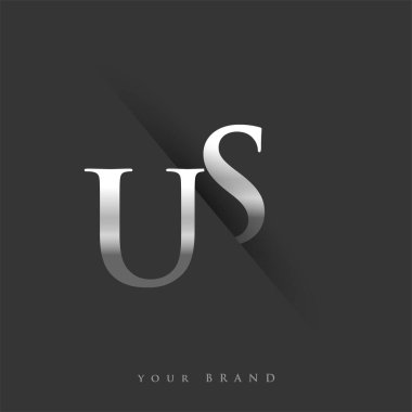 Şirketin adı, gümüş rengi ve siyah arkaplan tasarımında kullanılan ilk logo harfi US. İş ve şirket kimliği için vektör logosu.