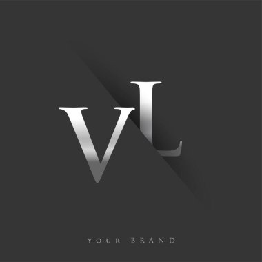 Şirketin adı, gümüş rengi ve siyah arkaplan tasarımının ilk harfi VL. İş ve şirket kimliği için vektör logosu.