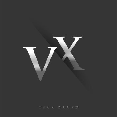 Şirketin adı, gümüş rengi ve siyah arkaplan tasarımının ilk logo harfleri VX. İş ve şirket kimliği için vektör logosu.