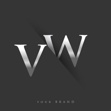 Şirketin adı, gümüş rengi ve siyah arkaplan tasarımının ilk harfi VW. İş ve şirket kimliği için vektör logosu.