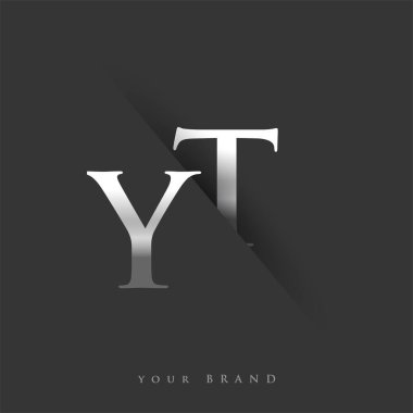 Şirketin adı, gümüş rengi ve siyah arkaplan tasarımının ilk harfi YT. İş ve şirket kimliği için vektör logosu.