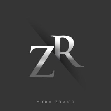 Şirket adı, gümüş rengi ve siyah arkaplan / renk dizaynı için ilk logo harfi ZR. İş ve şirket kimliği için vektör logosu.