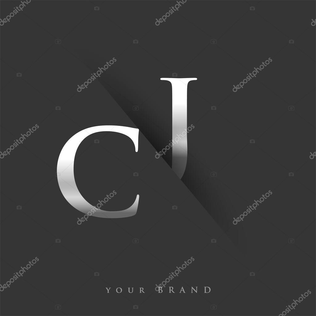 Initial logo letter CJ for company name, silver color and slash design in black background. vector logotype for business and company identity.