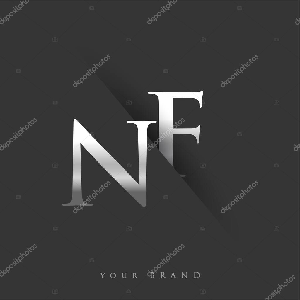 Initial logo letter NF for company name, silver color and slash design in black background. vector logotype for business and company identity.