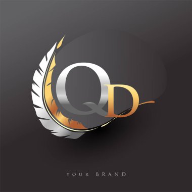 Tüylü Altın ve Gümüş Renkli ilk harf QD logosu, Şirket Adı için Basit ve Temiz Tasarım. İş ve Şirket İçin Vektör Logosu.