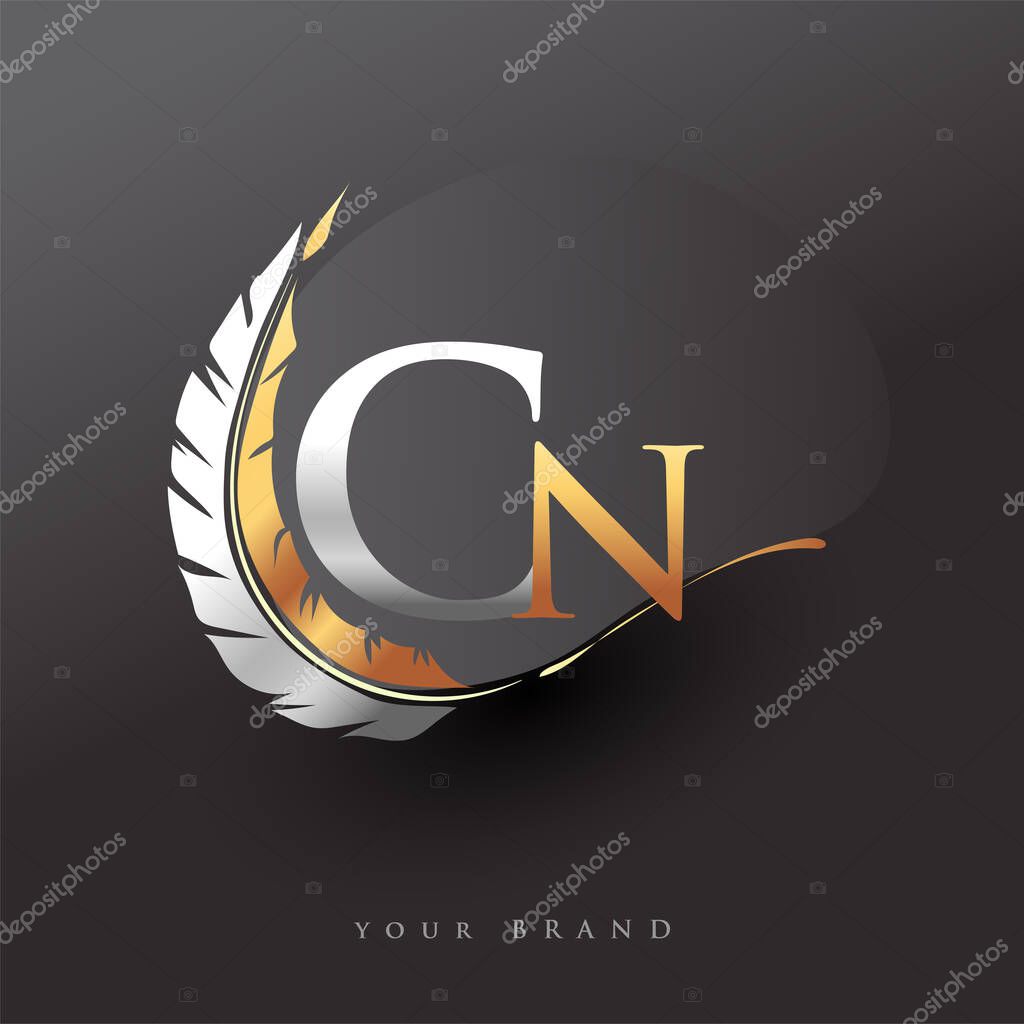 Initial letter CN logo with Feather Gold And Silver Color, Simple and Clean Design For Company Name. Vector Logo for Business and Company.