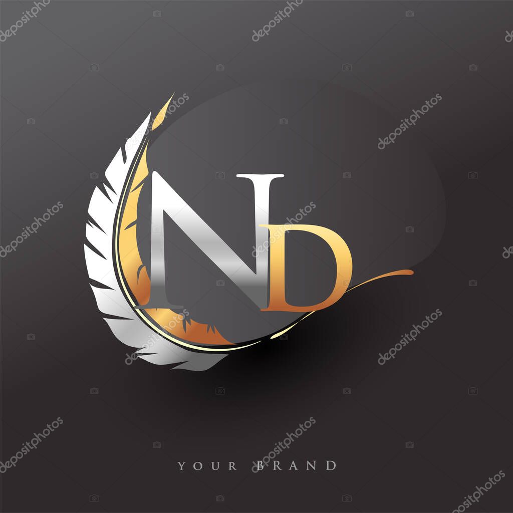 Initial letter ND logo with Feather Gold And Silver Color, Simple and Clean Design For Company Name. Vector Logo for Business and Company.