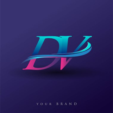 DV 'nin ilk logo şirketi adı mavi ve morumsu renklerde, beyaz arka planda izole edilmiş. iş ve şirket kimliği için vektör logosu.