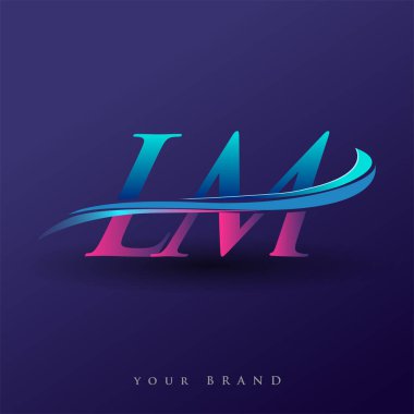 LM 'nin ilk logo şirketi adı mavi ve morumsu renklerde, beyaz arka planda izole edilmiş. iş ve şirket kimliği için vektör logosu.