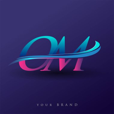 OM 'nin ilk logo şirketi adı mavi ve morumsu renklerde, beyaz arka planda izole edilmiş. iş ve şirket kimliği için vektör logosu.