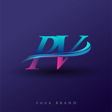 PV 'nin ilk logo şirketi adı mavi ve morumsu renklerde, beyaz arka planda izole edilmiş. iş ve şirket kimliği için vektör logosu.