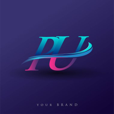 PU 'nun ilk logo şirketi adı mavi ve morumsu renklerde, beyaz arka planda izole edilmiş. iş ve şirket kimliği için vektör logosu.