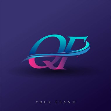 QF 'nin ilk logo şirketi adı mavi ve morumsu renklerde, beyaz arka planda izole edilmiş. iş ve şirket kimliği için vektör logosu.