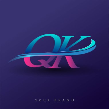QK ilk logo şirketinin adı mavi ve morumsu renklerde, beyaz arka planda izole edilmiş. iş ve şirket kimliği için vektör logosu.
