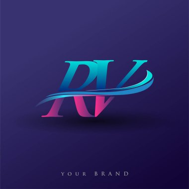 Karavanın ilk logo şirketi adı mavi ve morumsu renklerde, beyaz arka planda izole edilmiş. iş ve şirket kimliği için vektör logosu.