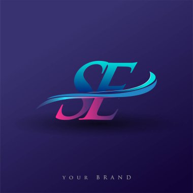 SE 'nin ilk logo şirketi adı mavi ve morumsu renklerde, beyaz arka planda izole edilmiş. iş ve şirket kimliği için vektör logosu.