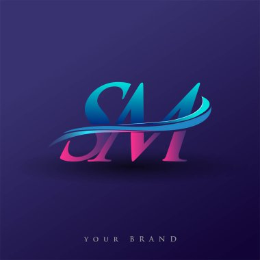 SM 'nin ilk logo şirketi adı mavi ve morumsu renklerde, beyaz arka planda izole edilmiş. iş ve şirket kimliği için vektör logosu.