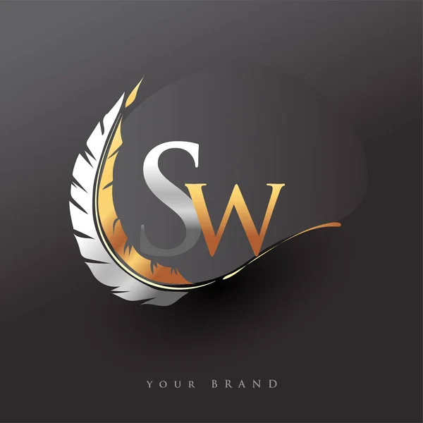 首字母Sw标志与羽毛金银色 公司名称的简洁明了设计 工商及公司的矢量标志 — 图库矢量图片