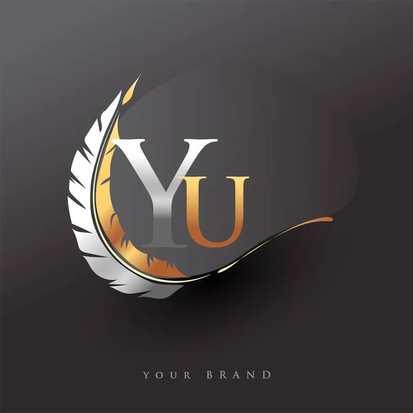 首字母Yu标识与羽毛金银色 公司名称简洁明了设计 工商及公司的矢量标志 — 图库矢量图片