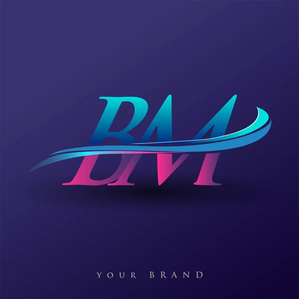initial letter PM logotype company name colored blue and magenta swoosh  design. vector logo for business and company identity.